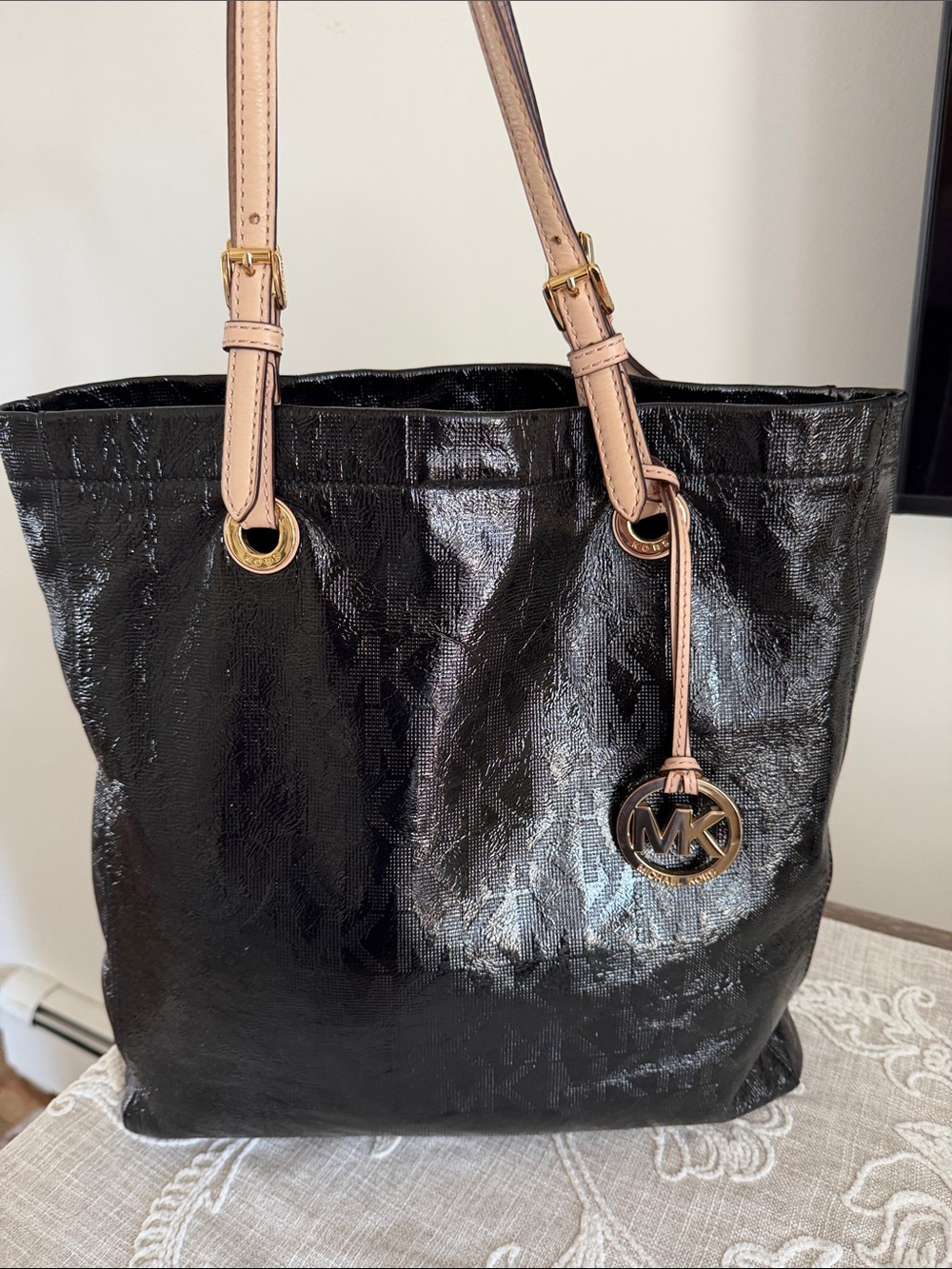 Michael Kors Black Patent Leather Monogram Tote/Shoulder Bag with Tan  Straps